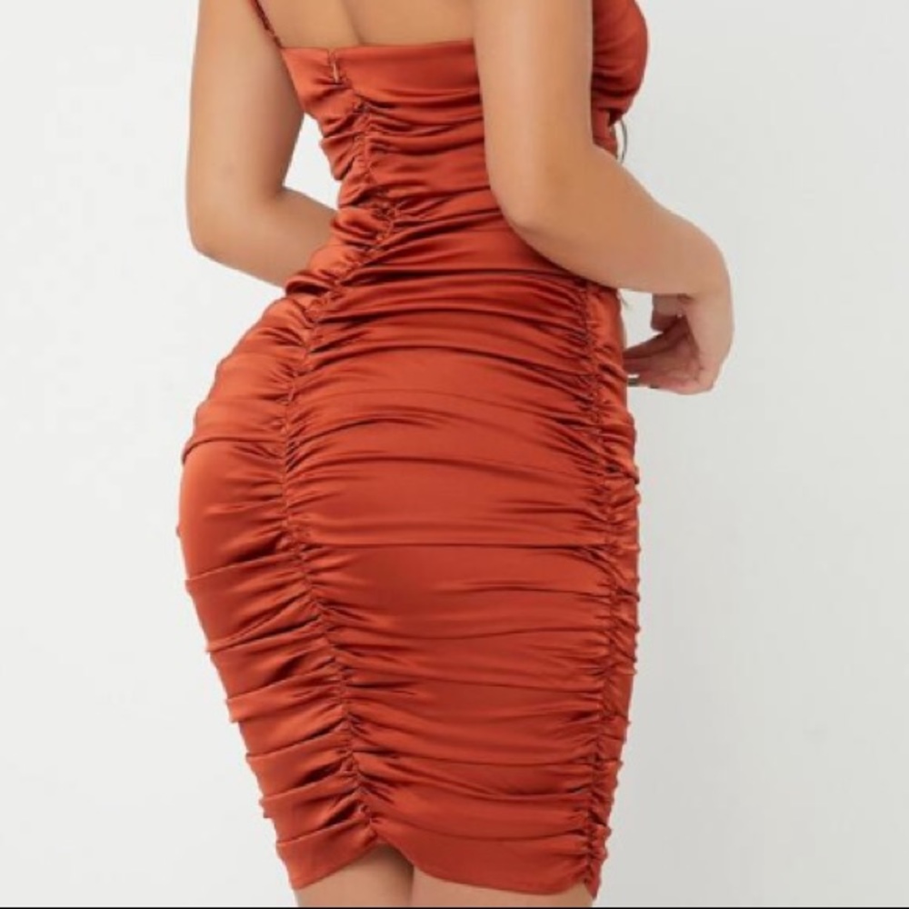 SHEIN SXY One Shoulder Ruched Satin Burnt Orange Bodycon Dress